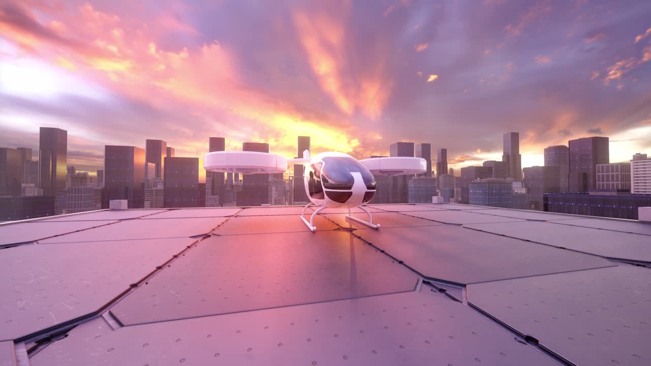 Velivolo eVTOL futuristico su eliporto panoramico in una città moderna al tramonto