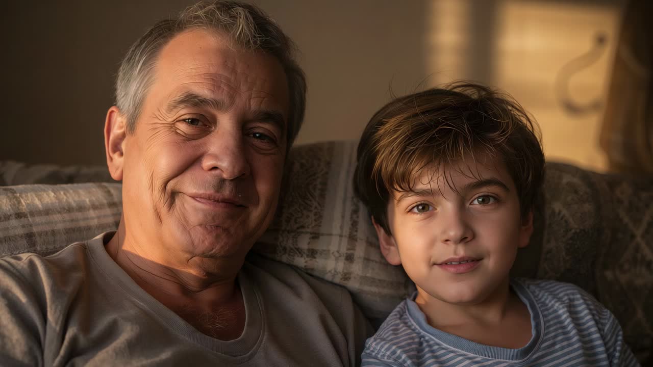 Sitting senior and child wearing striped shirt posing as camera starting recording on sofa at home