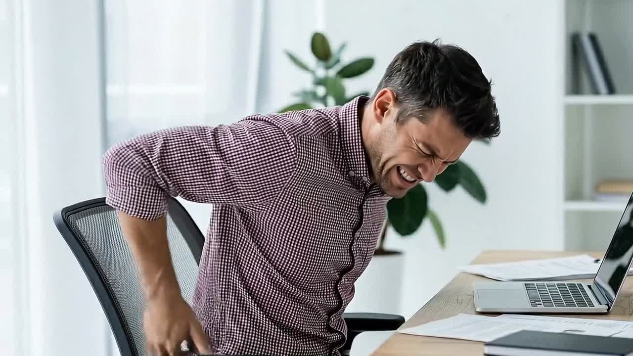 Man holding lower back in pain while seated at desk with laptop and documents in modern office workspace