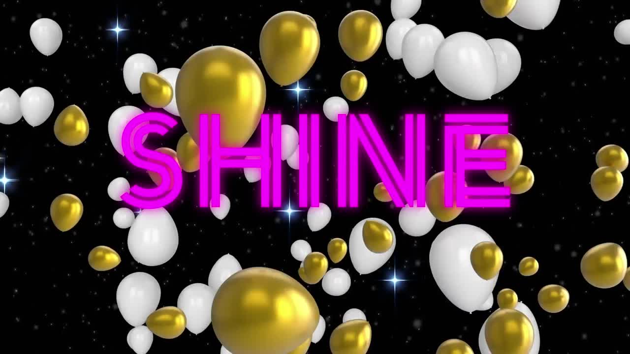 animación de texto brillante sobre globos y estrellas sobre fondo negro.