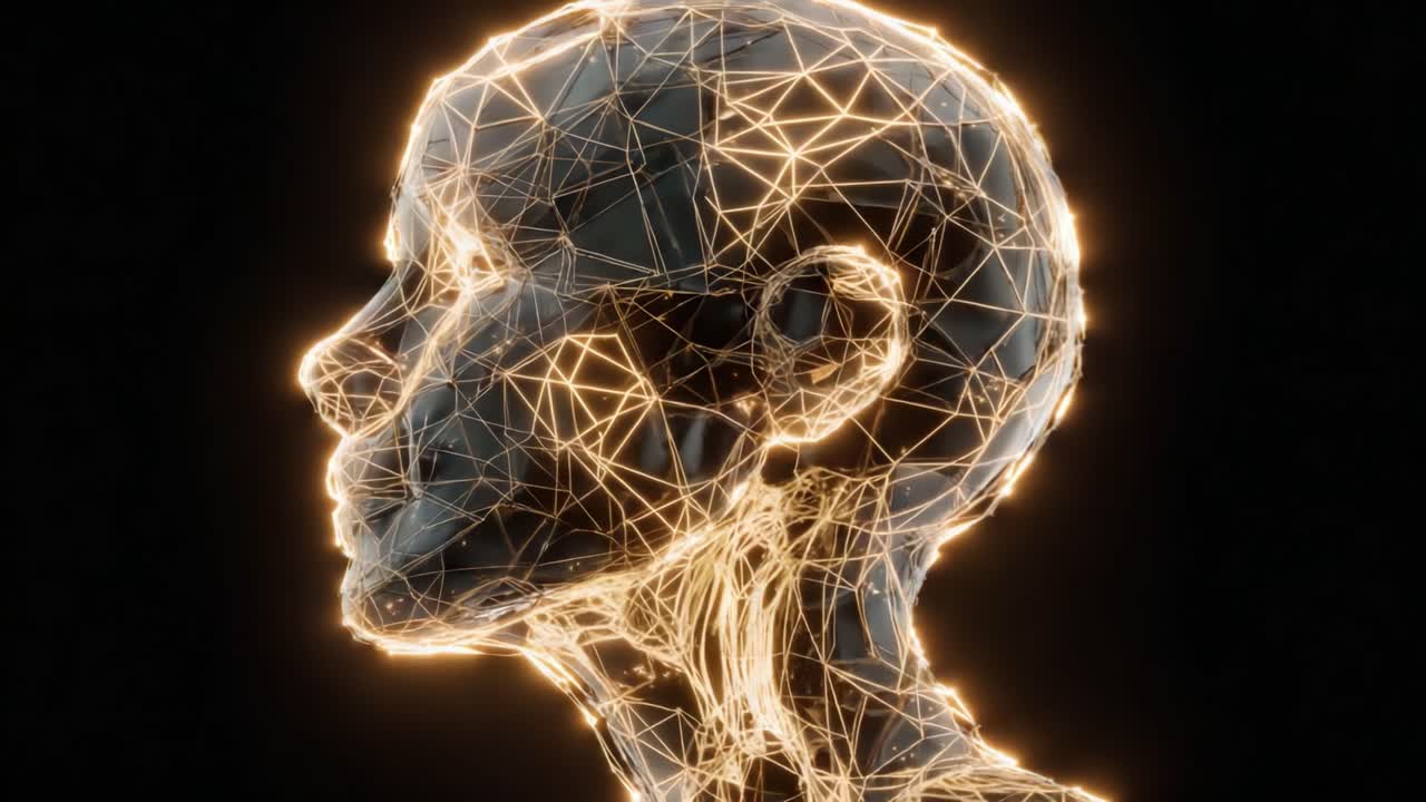 A Captivating Visualization of a Faceless Human Figure Composed of Illuminated Connections and Geometric Patterns Against a Dark Background