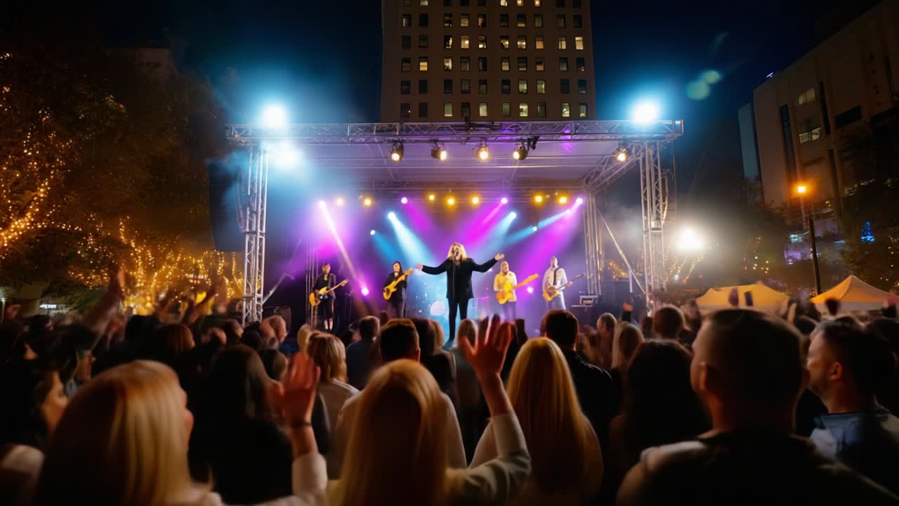 Electrifying Night Performance Captured in Two Frames, Showcasing a Lively Music Concert with Enthusiastic Crowd, Dramatic Lighting, and Talented Musicians on Stage Engaging the Audience