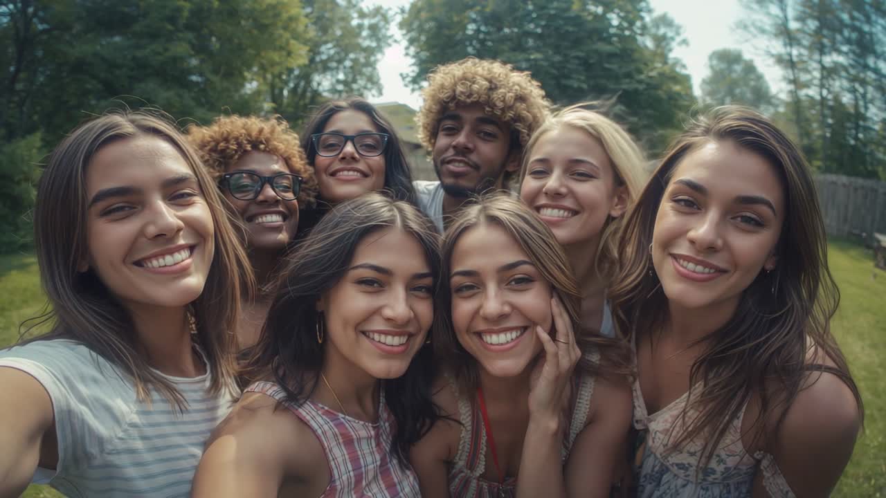 Smartphone rising at arm length starting friends arranging poses in backyard for selfie moment