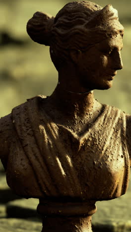 bust of a classical figure stands on aged rock surface in warm sunlight