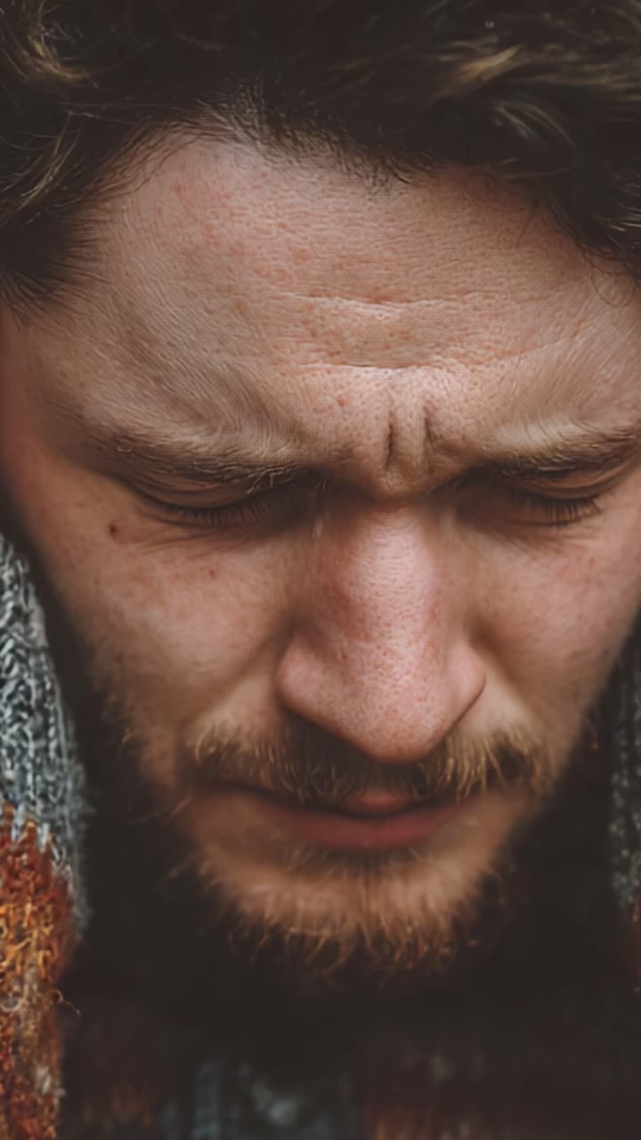 Primo piano di un uomo assorto nei suoi pensieri, che esprime introspezione ed emozione attraverso un'espressione pensierosa e gli occhi chiusi