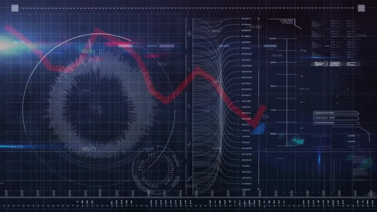 어두운 파란색 화면에 다양한 데이터와 그래프의 애니메이션