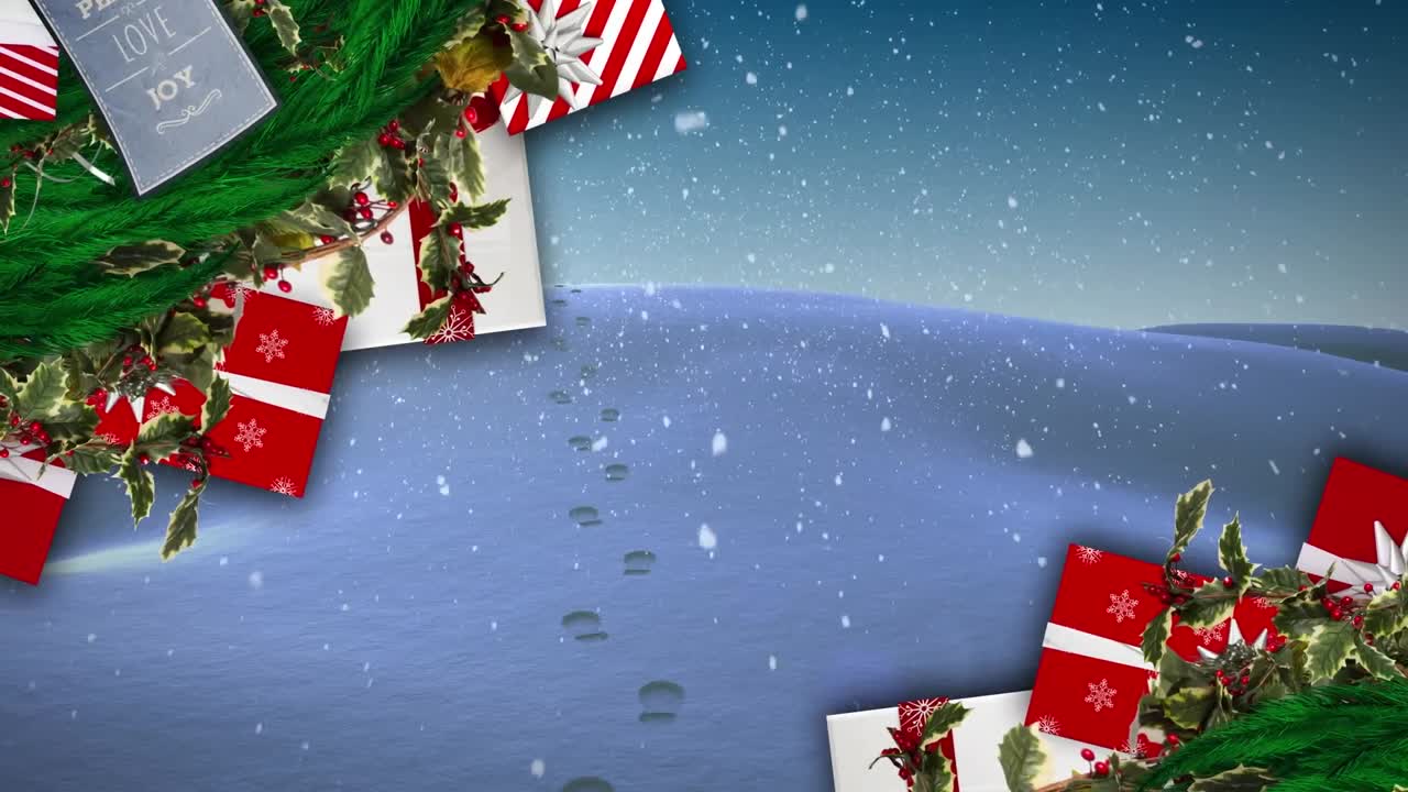 animación de regalos y nieve cayendo sobre el paisaje de invierno