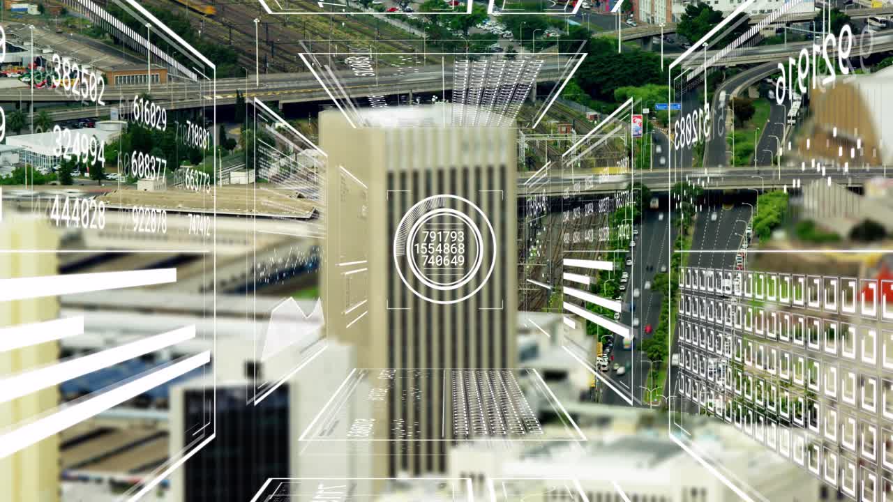 animación de la interfaz con el procesamiento de datos frente a una vista aérea del paisaje urbano