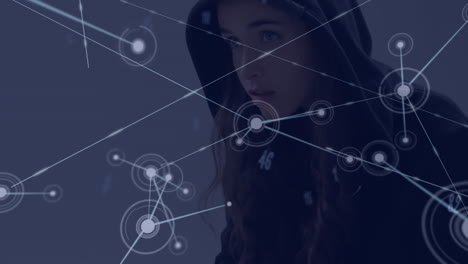 animación de la red de conexiones con una mujer hacker