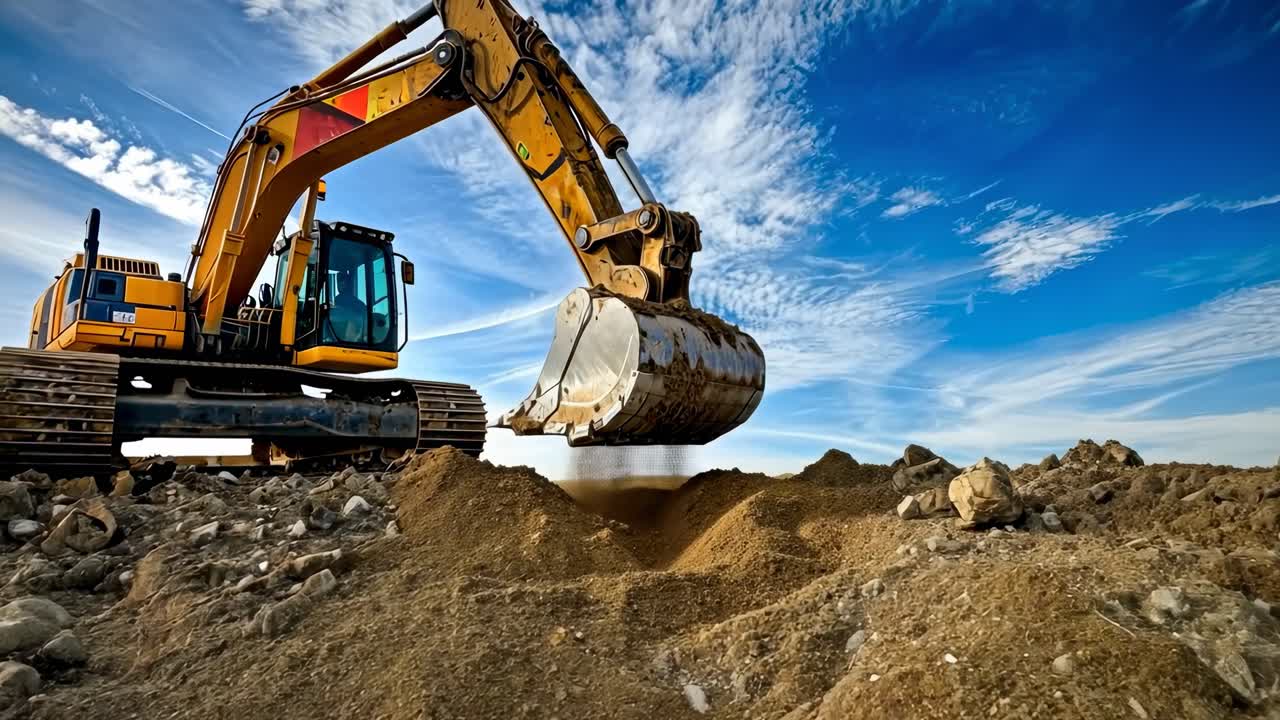 Low-angle shot of a yellow excavator on a construction site, capturing its powerful presence