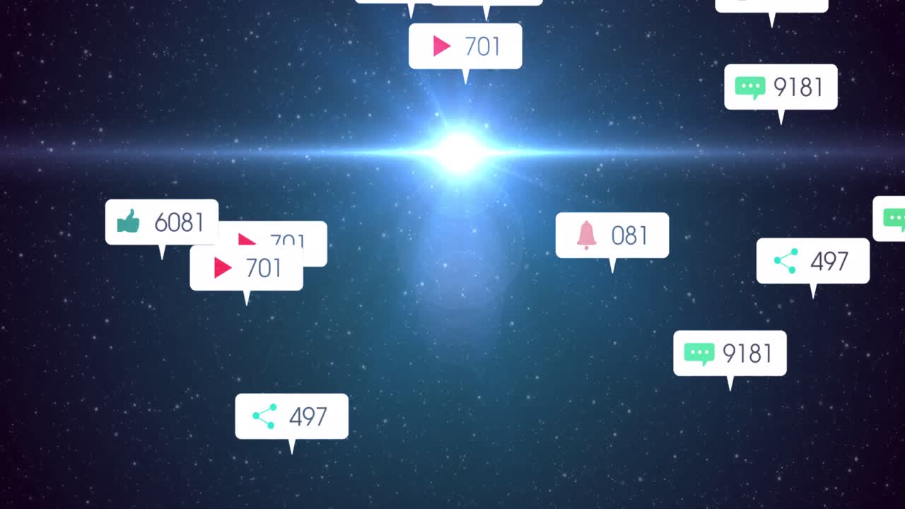 푸른 하늘의 별 위에  ⁇  배너에 소셜 미디어 아이콘과 숫자의 애니메이션