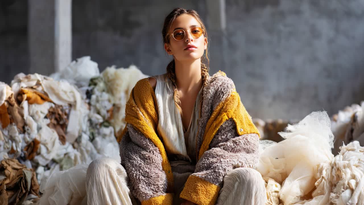 Un modello alla moda posa tra tessuti accoglienti, circondato/a da stoffe colorate in un ambiente artistico e multimediale, che irradia eleganza e fascino contemporanei.