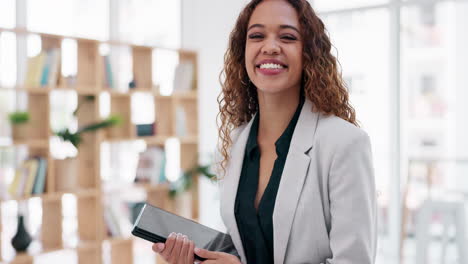 Gesicht,-Buchhalter-Und-Lustige-Frau-Mit-Tablet