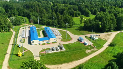 aerial view of natural gas pumping station, compressor station facility