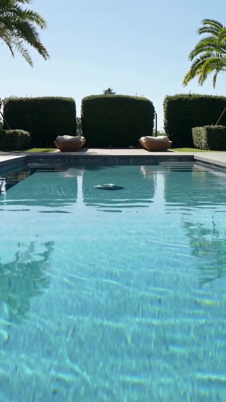 Vertical video: Light breeze causing yard pool water rippling and drifting round float near hedges