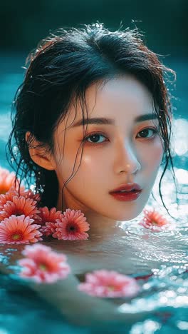 beautiful woman in a pool with flowers