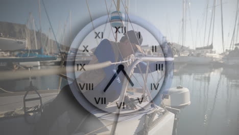 working on sailboat in marina, person with clock animation overlay