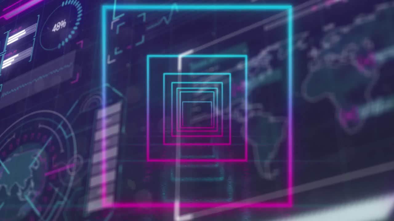 animación de cuadrados en bucle túnel sobre globo, mapa, círculos de carga y barras en fondo abstracto