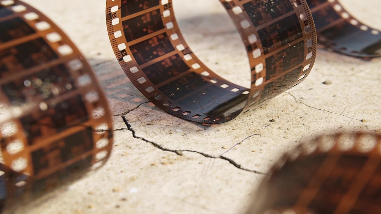 Une caméra en mouvement met au point des négatifs 35mm enroulés sur une dalle fissurée, révélant les perforations.