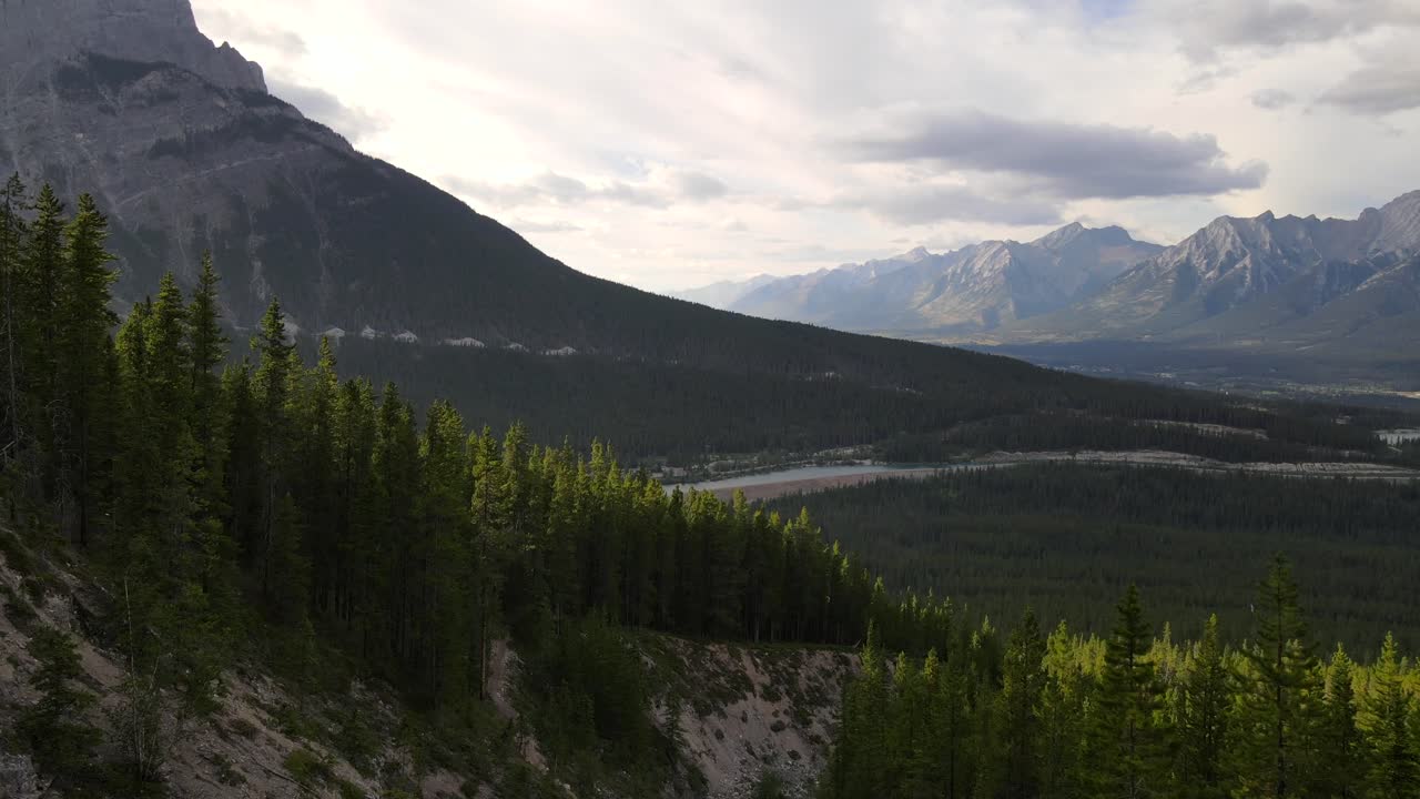 Filmato 4K a volo d'uccello delle cime degli alberi dei boschi del Kananaskis Country nelle Montagne Rocciose canadesi visto dall'alto