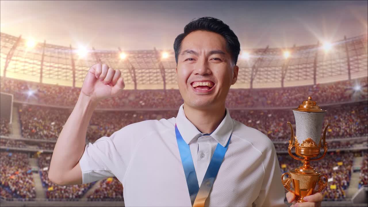 금메달과 트로피를 들고 있는 아시아인 남자가 스타디움에서 카메라에 미소 짓고 팔꿈치를 구부리고 있습니다.
