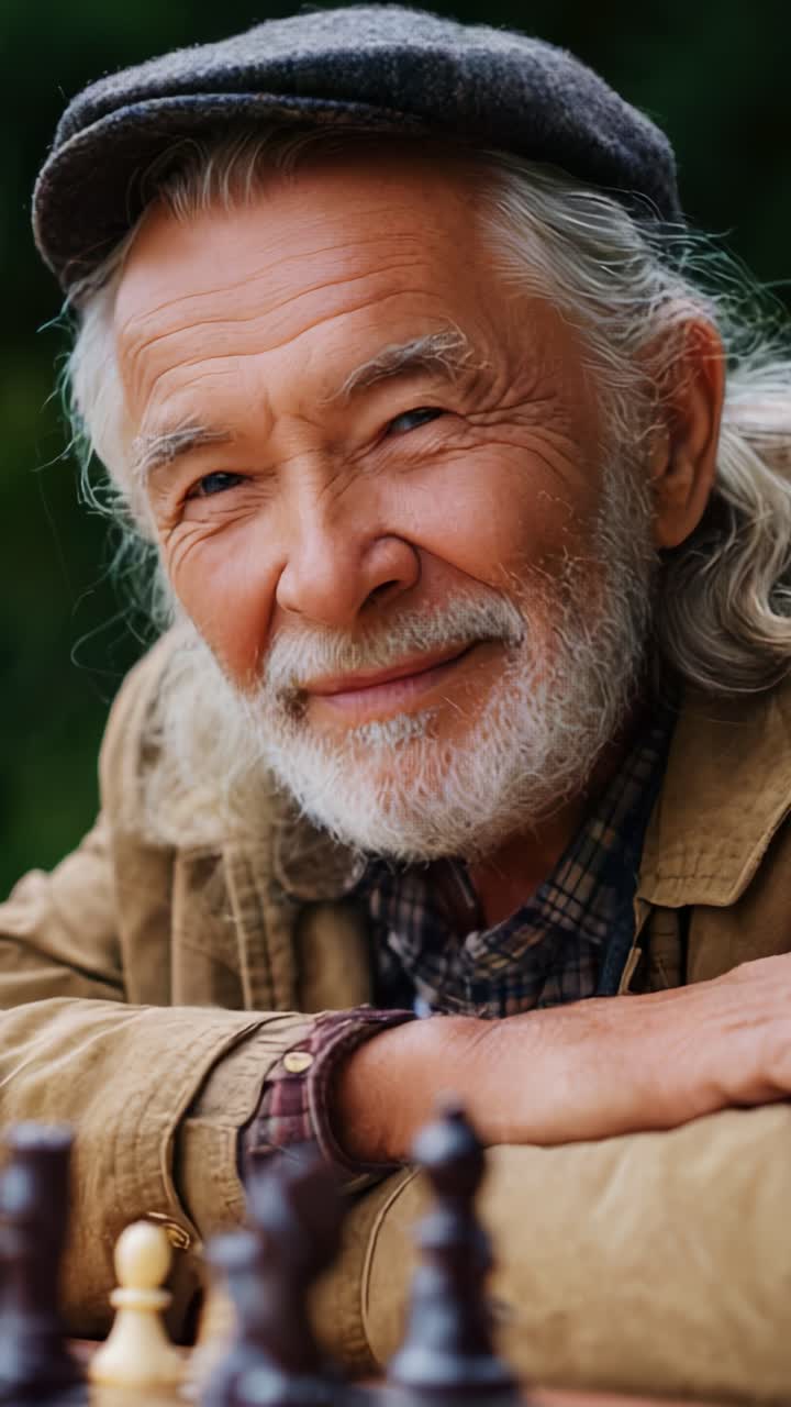 Un anciano disfruta alegremente de una partida de ajedrez al aire libre, sonriendo con sabiduría y encanto en un hermoso entorno natural que mejora la experiencia.