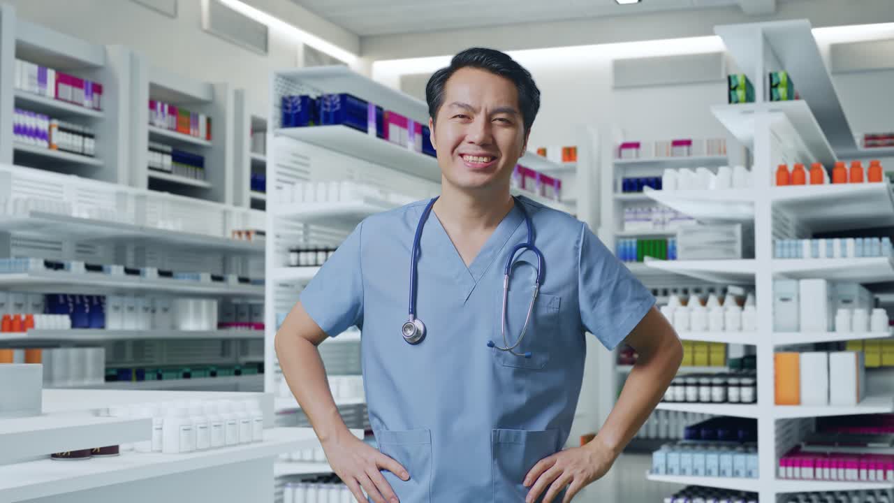 스테토스코프를 들고 있는 아시아 남성 의사는 이에 손을 고 약국에서 미소 짓고 있습니다.
