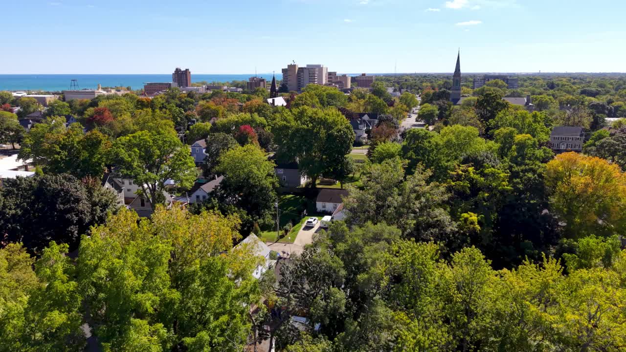나무 꼭대기에서 바라본 워키건 일리노이 스카이라인의 항공 뷰