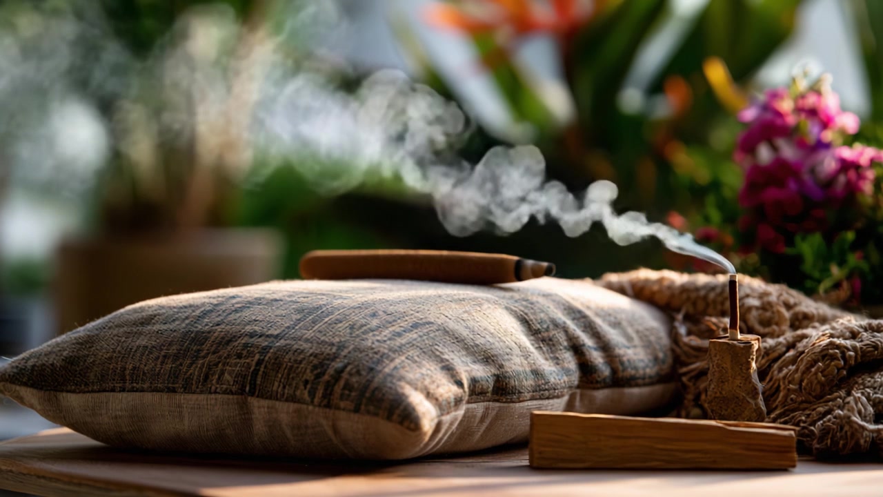 Serenità accattivante: uno sguardo dettagliato a uno spazio accogliente con fumo profumato, tessuti morbidi e vegetazione lussureggiante che crea un'atmosfera invitante di relax.