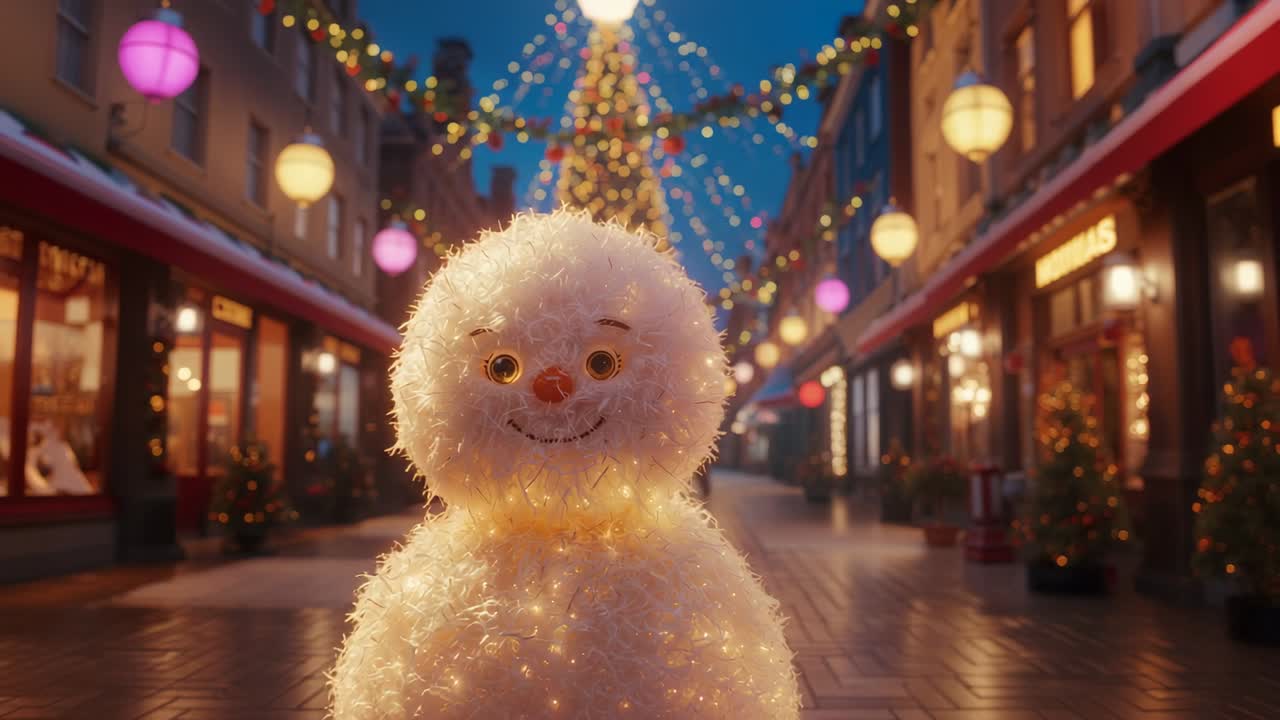Twinkling lights causing fiber-optic snowman pulsing, camera pulling back revealing Christmas tree