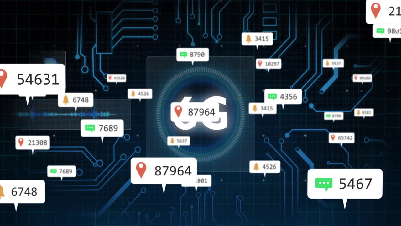 Animation of 6G technology with data points and circuit board design