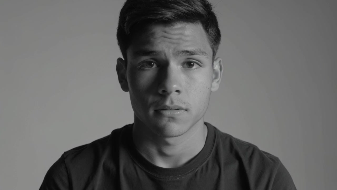 Reacting to camera focus, man shifting gaze toward lens, straightening in studio in dark T-shirt