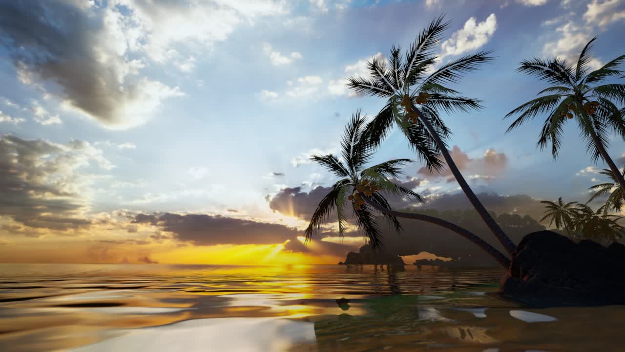 Alba su spiaggia di un'isola tropicale, tramonto sull'oceano calmo, paesaggio panoramico all'alba, silhouette di foglie di palma, riflesso del sole giallo