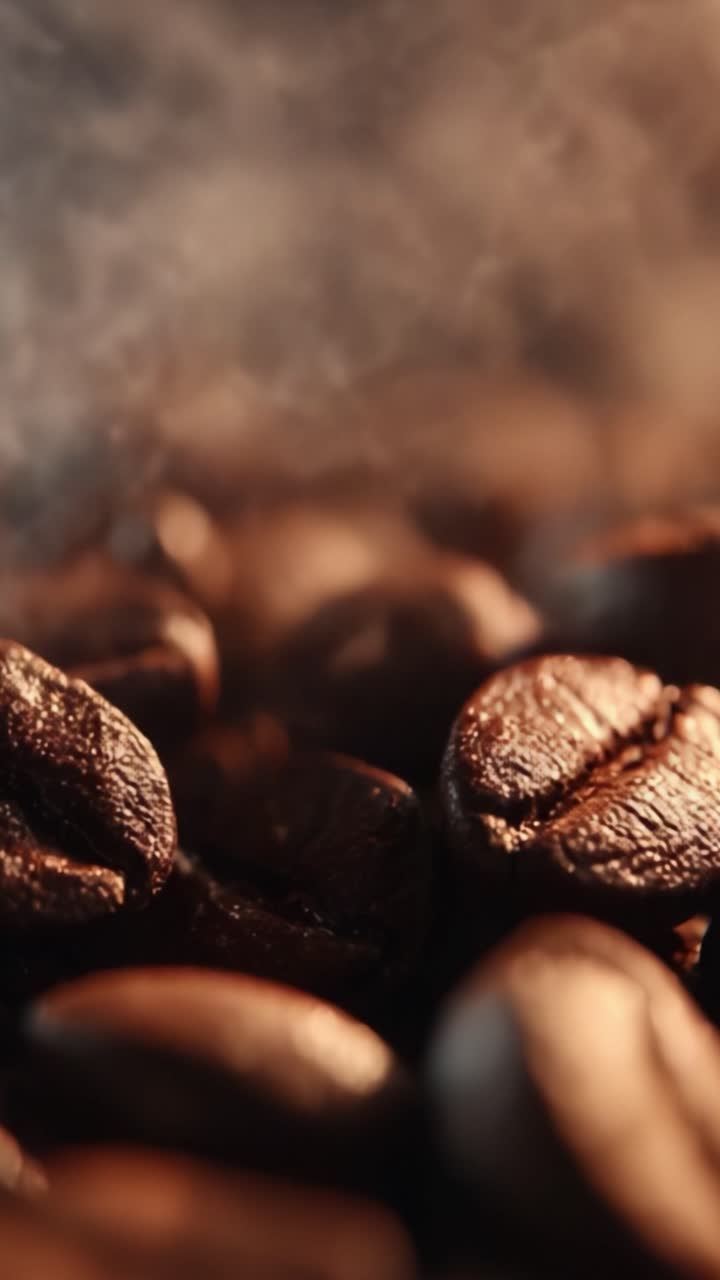 Et fascinerende nærbillede af friskristede kaffebønner, der viser deres rige tekstur og aromatiske damp i et smukt oplyst miljø.