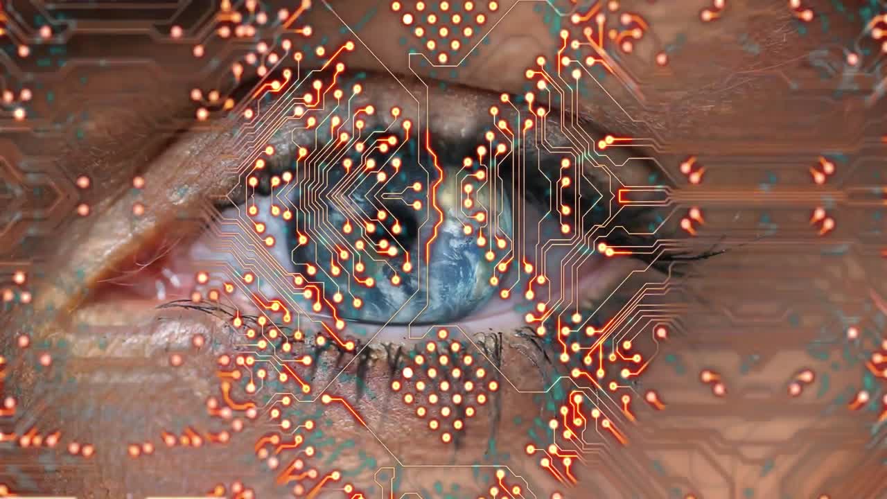 Animation of integrated circuit over blue eye of caucasian woman