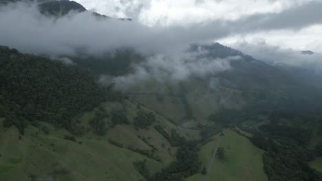 aerial drone flying above cocora valley protected national park quindio colombia