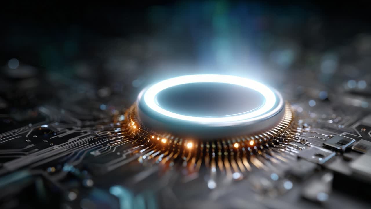 An Illuminated Circuitry Component Radiating Light on a Complex Microchip Surface, Showcasing Intricate Patterns and Technology Integration in Modern Electronics