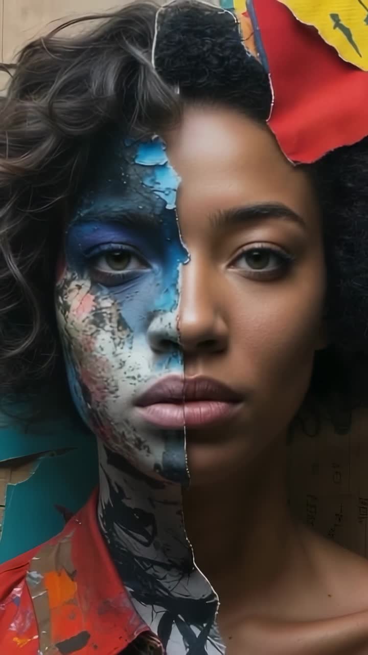 Vertical video: Zooming camera revealing model's painted face and shirt in studio with collage