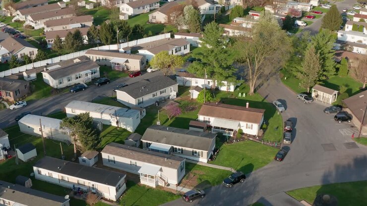 Veduta aerea di casa mobile americana, parco di case mobili negli Stati Uniti