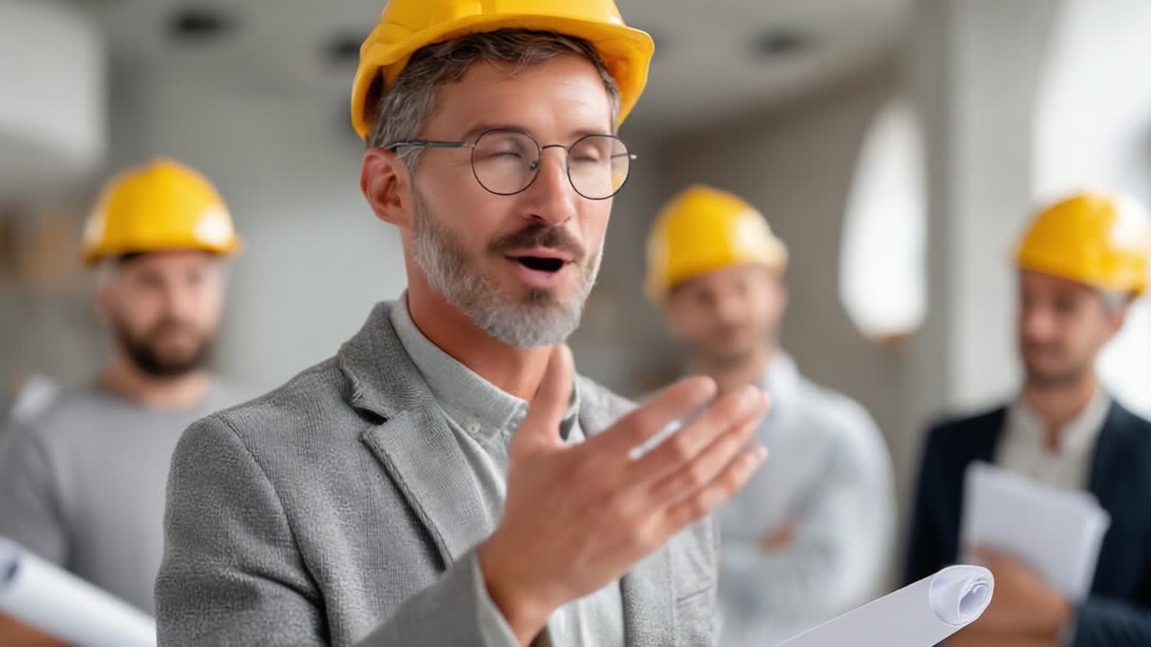 A construction manager passionately discusses project details with a team of professionals, highlighting the importance of collaboration and effective communication on site