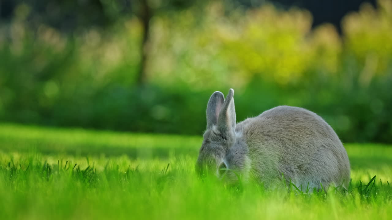 conejo gris en un jardín de hierba verde