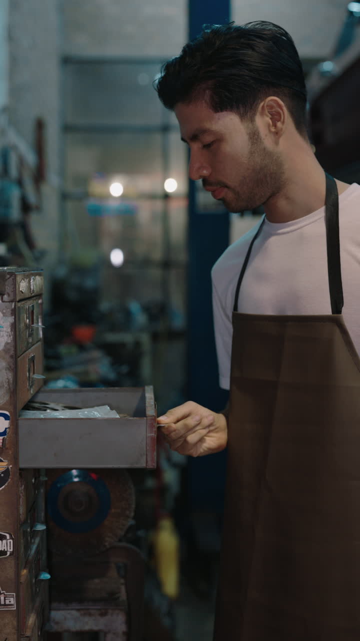 Mechanic looking at drawer in workshop