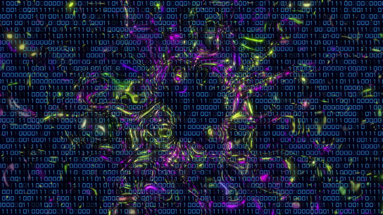 Binary code animation over colorful abstract shapes on dark background