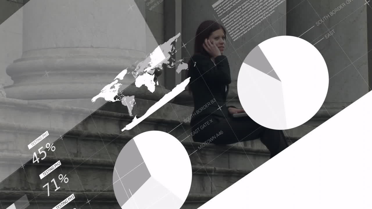 Businesswoman using laptop on steps with data processing animation overlay