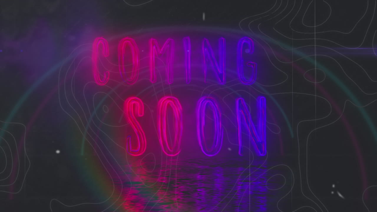 Animation of coming soon text over interference on black background