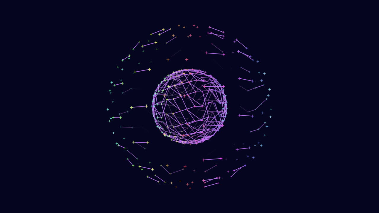 bola geométrica futurista en movimiento con puntos y líneas de neón en el espacio oscuro