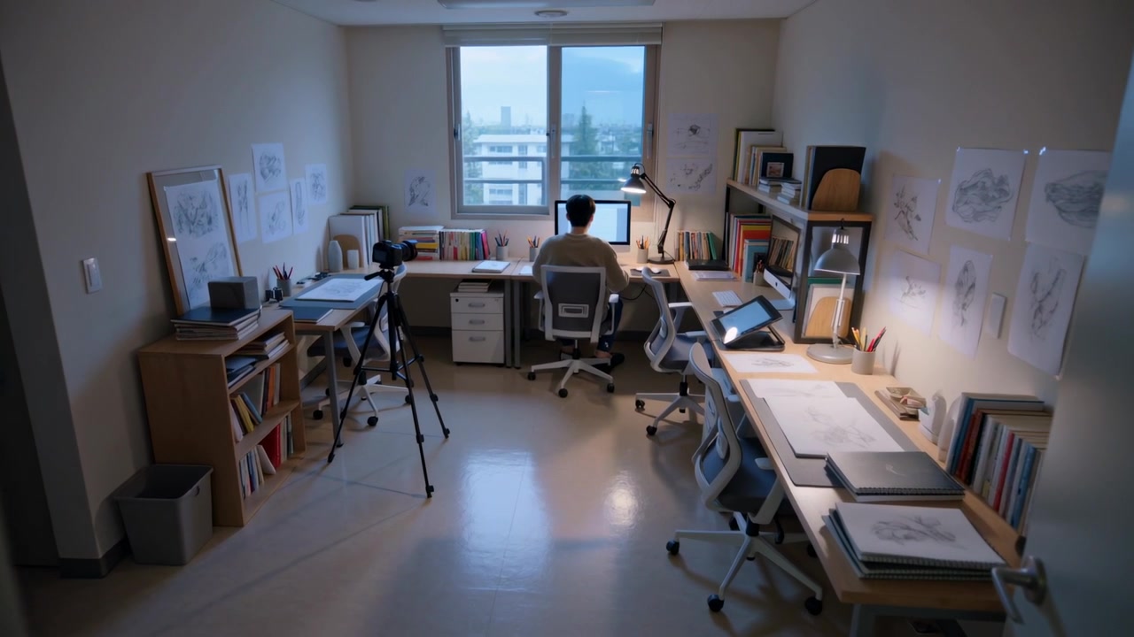 Pulling back camera from doorway, man typing at monitor illustrating in studio, wearing light top