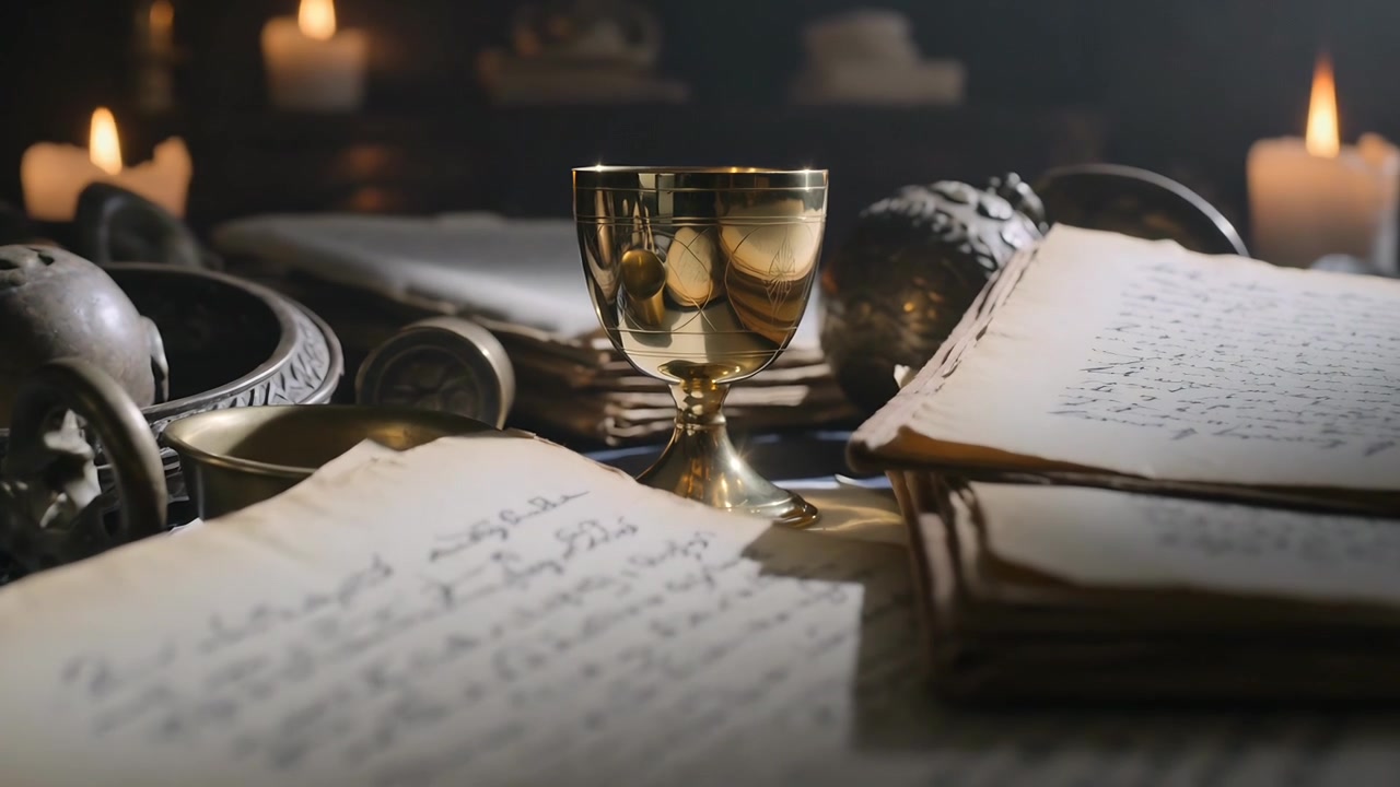 Moving camera zooming to gilded chalice in dim study, revealing reflections and parchment textures