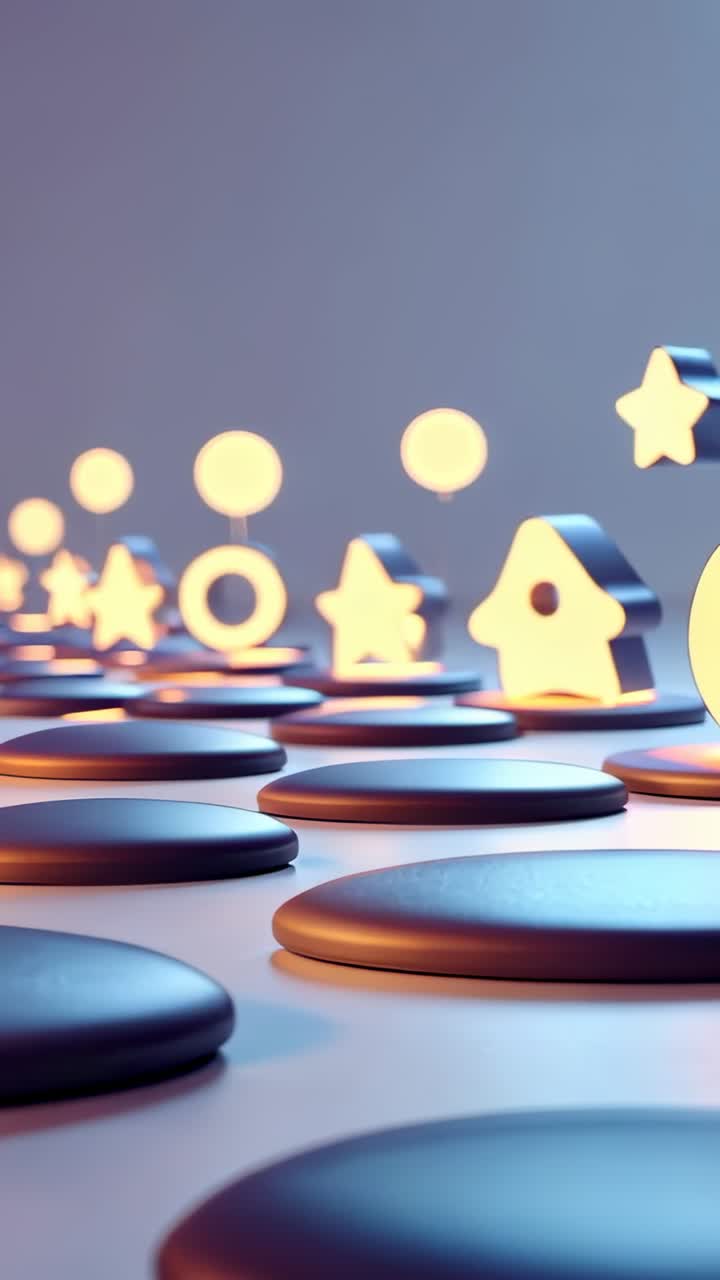 Vertical video: Activating platforms raising geometric icons from bases in virtual gradient space