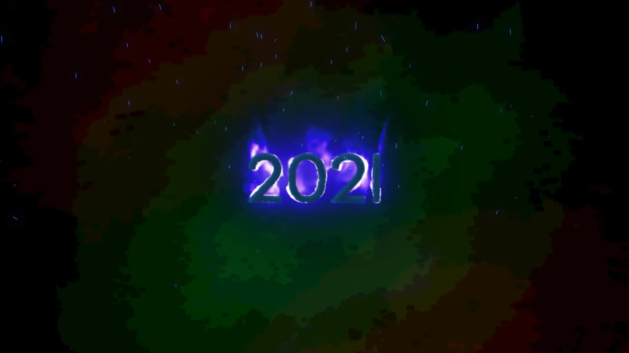 Animation des Textes „2021“ in brennenden Flammen auf dunklem Hintergrund